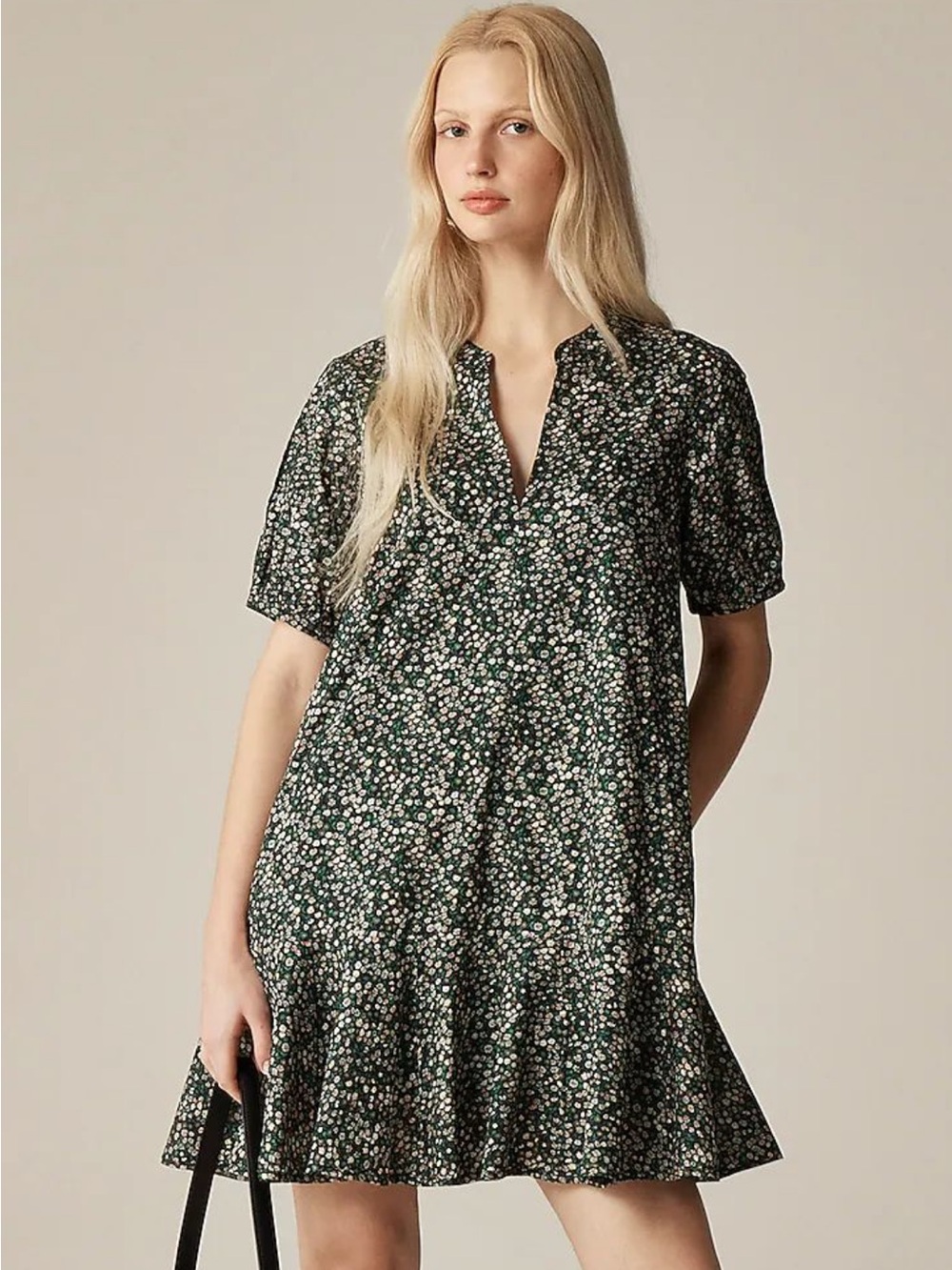 Jcrew Floral A-Line Short Sleeve Dress - Dark Green